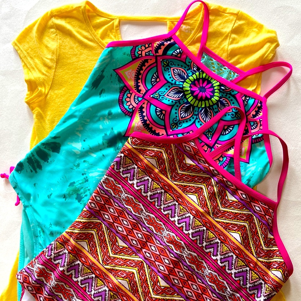 Spring Break! (2) Girls Size 14 One Piece Super Cute Swimsuits, Plus summer tee!